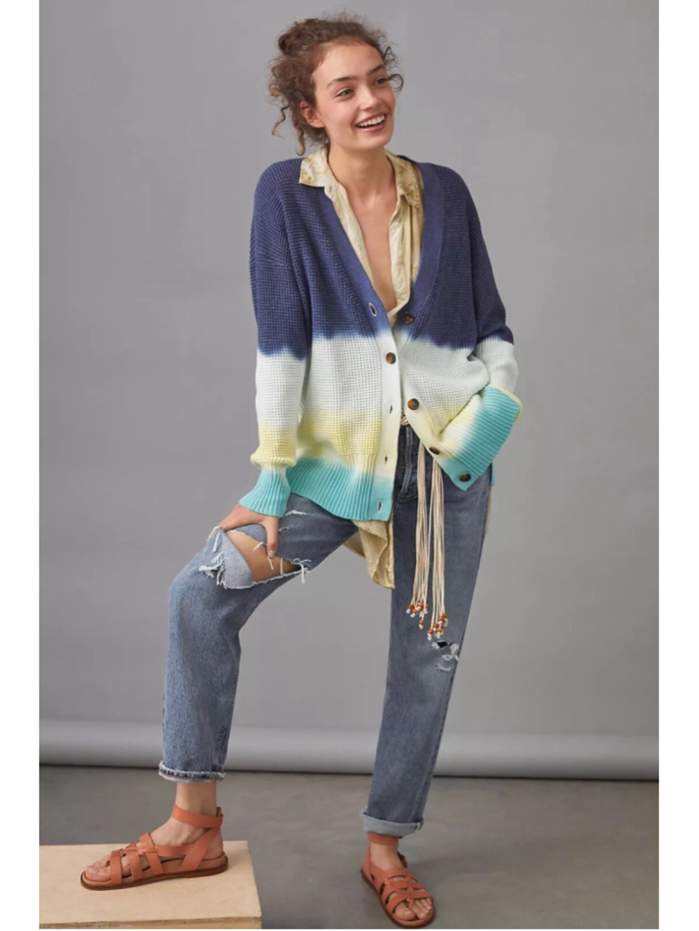Anthropologie Tie-Dye Cardigan Small Ombre Tie Dye Knit Sweater Thick Oversized